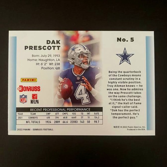 Dak Prescott: Dallas Cowboys, Quarterback 2022 Panini Donruss 1992 Football NO.5 - Picture 2 of 2